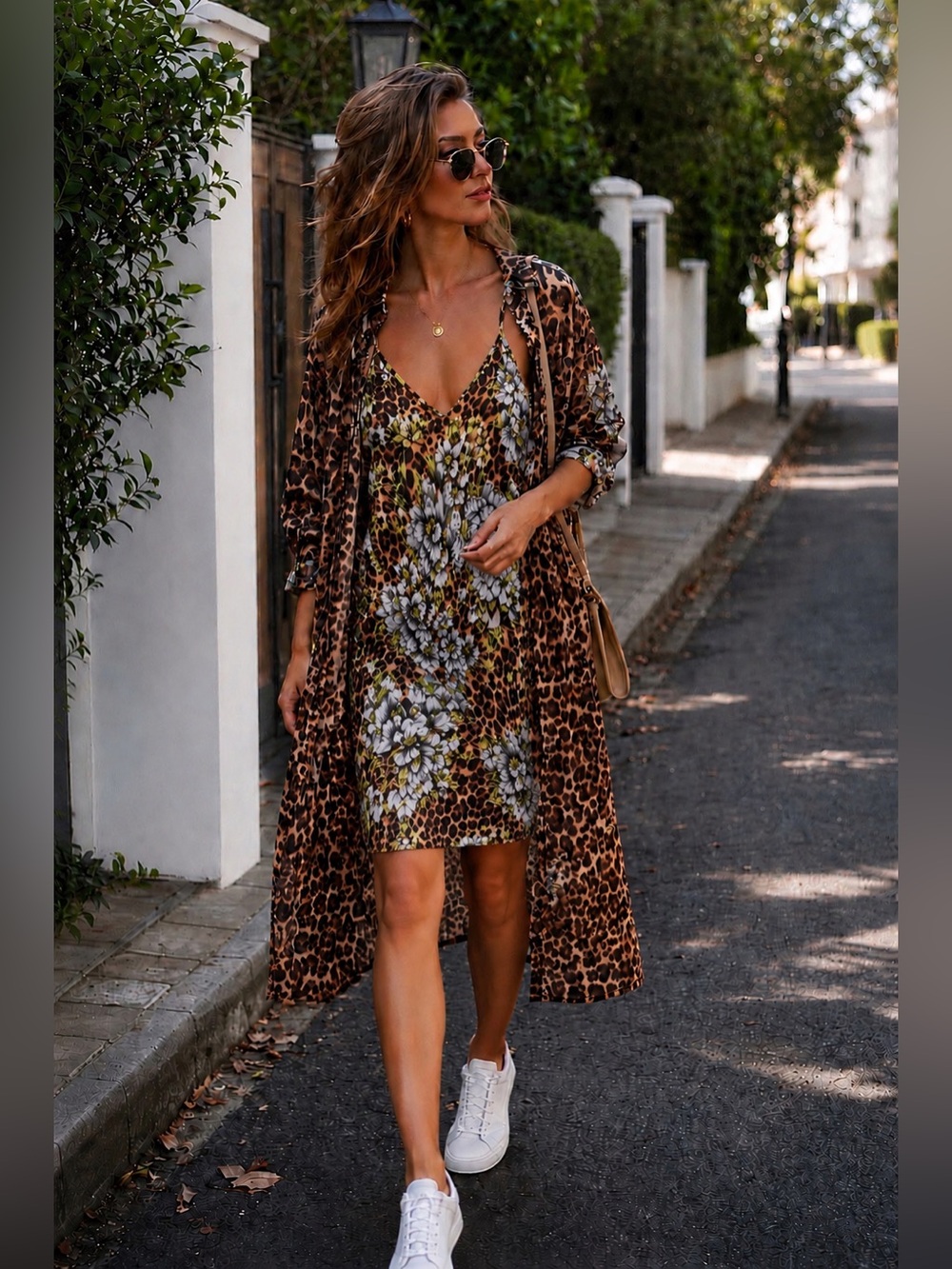 Leopard Duster & Leopard Floral Slip Dress Set - Brown Mix. Size 2P